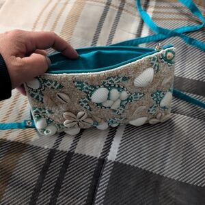 Shell Embellished Teal and Cream Women's Bag